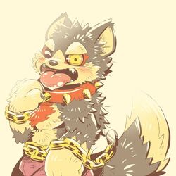  1:1 2017 anthro black_nose black_sclera blush canid canine canis chains clothed clothing collar digital_media_(artwork) doggiemonkey domestic_dog fur garmr_(tas) grey_body grey_fur kemono lifewonders looking_at_viewer low_res male mammal multicolored_body multicolored_fur muscular muscular_anthro muscular_male one_eye_closed open_mouth partially_clothed pink_tongue red_body red_collar red_fur simple_background smile solo spiked_collar spikes teeth tokyo_afterschool_summoners tongue tongue_out topless yellow_eyes 