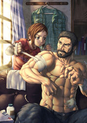  1boy abs bandage beard couch ellie_(the_last_of_us) facial_hair female joel_(the_last_of_us) kuroshio_(zung-man) muscle naughty_dog scar shirtless smile sunlight the_last_of_us window 