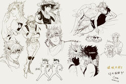  2boys ^_^ ^q^ bad_id bad_pixiv_id caesar_anthonio_zeppeli canto closed_eyes feather_hair_ornament feathers hair_ornament halo hat headband jojo_no_kimyou_na_bouken joseph_joestar joseph_joestar_(old) joseph_joestar_(young) monochrome multiple_boys photoshop_(medium) reference_sheet scarf standing striped_clothes striped_scarf triangle_print 