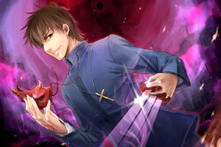  1boy between_fingers black_keys_(type-moon) brown_eyes brown_hair commentary_request cross cross_necklace fate/zero fate_(series) holding jewelry kotomine_kirei male_focus mask momopanda necklace photoshop_(medium) pov_stabbing solo 