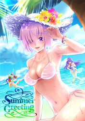  1boy 2girls :d alternate_costume bikini blue_sky bracelet breasts cleavage closed_eyes collarbone commentary_request day fate/grand_order fate_(series) floating_hair flower groin hat hibiscus jewelry kassan_(kassan_5a) long_hair looking_at_viewer martha_(fate) mash_kyrielight medium_breasts multicolored_flower multiple_girls ocean open_mouth outdoors palm_tree pink_flower pink_hair plumeria purple_eyes purple_hair red_flower saint_quartz_(fate) sasaki_kojirou_(fate) short_hair side-tie_bikini_bottom sky smile solo_focus straw_hat sun_hat swimsuit tree underboob very_long_hair water wet white_bikini white_flower white_hat yellow_flower 