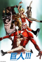  2girls 4boys annie_leonhart arm_up armored_titan beard beast_titan bertolt_hoover black_hair blonde_hair brown_hair cioccolatodorima colossal_titan commentary english_commentary eren_yeager exposed_muscle facial_hair female_titan grisha_yeager highres ice_skates jaw_titan jumping multiple_boys multiple_girls open_mouth parody reiner_braun rogue_titan sharp_teeth shingeki_no_kyojin skates teeth titan_(shingeki_no_kyojin) what white_hair ymir_(shingeki_no_kyojin) yuri!!!_on_ice zeke_yeager 