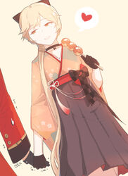  1boy alternate_costume artist_name black_gloves blonde_hair blush boca bow braid choker closed_mouth collarbone commander_(girls&#039;_frontline) commentary english_commentary female floral_print flower food girls&#039;_frontline gloves griffin_&amp;_kryuger_military_uniform hair_over_shoulder hair_ribbon hairbow hakama hakama_skirt half-closed_eyes half_gloves hand_in_own_hair head_tilt heart high-waist_skirt holding holding_food holding_hands holding_own_hair japanese_clothes long_hair looking_at_another looking_at_viewer mid-stride military military_uniform obi official_alternate_costume ots-14_(flurry_of_petals)_(girls&#039;_frontline) ots-14_(girls&#039;_frontline) ribbon sash simple_background skirt smile tsurime uniform very_long_hair walking wide_sleeves yellow_eyes 