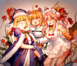  3girls ahoge animal_ears animal_hands artoria_pendragon_(fate) bell blonde_hair blush breasts chaldea_uniform cleavage collar commentary_request embarrassed fate/grand_order fate_(series) fox_ears fox_tail fujimaru_ritsuka_(female) green_eyes hair_ribbon heart heart-shaped_pupils highres long_hair looking_at_viewer medium_breasts multiple_girls neck_bell open_mouth orange_hair pink_hair ribbon saliva santa_alter santa_costume short_hair symbol-shaped_pupils tail tamamo_(fate) tamamo_cat_(fate) tamamo_cat_(third_ascension)_(fate) tongue wei_li yellow_eyes 