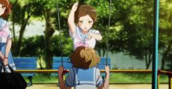  3girls ahoge animated animated bag bangs bench brown_eyes brown_hair chop hair_ornament hairclip hibike!_euphonium hitting holding_bag katou_hazuki kawashima_sapphire multiple_girls neckerchief oumae_kumiko out_of_frame outdoors park park_bench parted_bangs playground railing sailor_collar school_bag school_uniform screencap serafuku short_hair swing_set tree v_arms very_short_hair violence watch wristwatch yellow_eyes 