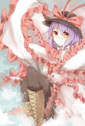  black_pantyhose boots commentary_request dress female frilled_dress frills glowing glowing_eyes hat highres juine looking_at_viewer nagae_iku pantyhose purple_hair red_eyes serious shawl short_hair solo touhou 