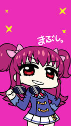  aikatsu! aikatsu!_(series) chan_co chibi commentary_request cowboy_shot female holding holding_removed_eyewear minowa_hikari pink_background pink_hair red_eyes solo sparkle sunglasses translation_request two_side_up unworn_eyewear 