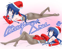  1boy blue_hair bodysuit christmas commentary_request dual_persona elbow_gloves female gloves hat long_hair lying merry_christmas owari_no_chronicle pantyhose santa_costume santa_hat shinjou_sadagiri shinjou_sadame shinjou_setsu shirogane_(cufsser) 