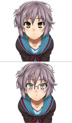  blue_sailor_collar blush brown_cardigan cardigan collarbone commentary_request female glasses henkuma highres kita_high_school_uniform leaning_forward long_sleeves looking_at_viewer messy_hair multiple_views nagato_yuki over-rim_eyewear photoshop_(medium) purple_hair sailor_collar school_uniform semi-rimless_eyewear serafuku short_hair simple_background suzumiya_haruhi_no_yuuutsu upper_body variations white_background winter_uniform yellow_eyes 