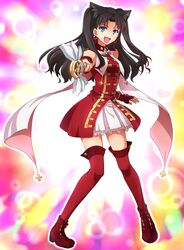  black_hair blue_eyes brown_hair commentary_request fate/kaleid_liner_prisma_illya fate/stay_night fate_(series) female hair_ribbon hanjuku_tomato highres kaleido_ruby kaleidostick long_hair long_legs magical_girl magical_ruby red_thighhighs ribbon solo thighhighs tohsaka_rin two_side_up wand zettai_ryouiki 