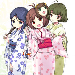  1boy 2girls akizuki_ryo animal bad_id bad_pixiv_id bag bagged_fish banana character_mask chocolate_banana crossdressing dearly_stars_(idolmaster) fish floral_print floral_print_sash food fruit goldfish hidaka_ai home_haruka idolmaster idolmaster_dearly_stars japanese_clothes kimono mask mizutani_eri multiple_girls obi obiage obidome obijime onion_(lemlaml) open_mouth otoko_no_ko painttool_sai_(medium) sash smile 