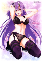  absurdres ass_visible_through_thighs black_bra black_panties body_blush bra breasts cleavage collarbone demon_girl female floating_hair full_body garter_belt gotou_junji groin hair_between_eyes hair_ornament hands_in_hair highres horns kneeling large_breasts leviathan_(the_seven_deadly_sins) long_hair looking_at_viewer magazine_scan megami_magazine navel official_art panties pointy_ears purple_eyes purple_garter_belt purple_hair red_eyes scan shiny_skin solo stomach the_seven_deadly_sins thighhighs underwear underwear_only very_long_hair 