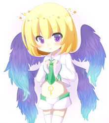  1boy angel beatmania_iidx blonde_hair blush commentary_request halo highres male_focus midriff multiple_wings navel necktie open_mouth otoko_no_ko rche_(beatmania) rensei short_hair shorts solo star-shaped_pupils star_(symbol) symbol-shaped_pupils thighhighs white_shorts wings 