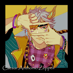  1boy alternate_costume bad_id bad_pixiv_id bracelet caesar_anthonio_zeppeli canto facial_mark feather_hair_ornament feathers finger_frame grey_hair hair_ornament headband jewelry jojo_no_kimyou_na_bouken male_focus necklace one_eye_closed solo 