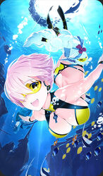  air_bubble ass ass_cutout bikini black_footwear black_wristband blue_capelet breasts bubble butt_crack capelet cleavage cleavage_cutout clothing_cutout commentary craft_essence_(fate) creature cross cross_necklace diving dolphin fate/grand_order fate_(series) female fish fou_(fate) freediving halterneck jewelry large_breasts light_purple_hair mash_kyrielight mash_kyrielight_(dive_to_blue) necklace official_alternate_costume official_art open_mouth shaka_p ship smile striped_wristband swimming swimsuit underwater watercraft wristband yellow-framed_eyewear yellow_bikini zipper 