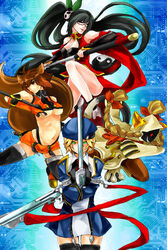  4girls black_hair blazblue blonde_hair bo_staff braid brown_eyes brown_hair commentary_request fulunukko green_eyes gun handgun highres lao_jiu litchi_faye_ling long_hair makoto_nanaya multiple_girls noel_vermillion purple_eyes red_eyes short_hair squirrel_girl staff taokaka thighhighs tonfa weapon 