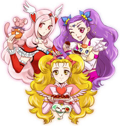  3girls :d :t ^_^ blonde_hair brooch choker closed_eyes coco_(yes!_precure_5) commentary_request creature cupcake cure_passion doughnut eyelashes food fresh_precure! frills futari_wa_precure futari_wa_precure_max_heart gloves hair_ornament hairpin happy heart heart_brooch heart_hair_ornament higashi_setsuna highres in-franchise_crossover jewelry kujou_hikari long_hair magical_girl milk_(yes!_precure_5) milky_rose mimino_kurumi multiple_girls one_eye_closed open_mouth pink_hair porun precure purple_eyes purple_hair red_eyes ribbon shiny_luminous smile t-ria takoyaki tart_(fresh_precure!) twintails two_side_up white_choker wings yellow_eyes yes!_precure_5 yes!_precure_5_gogo! 