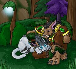  2010 amocin anthro armor blizzard_entertainment canid canine canis cat_form claws clothed clothing digital_media_(artwork) druid druids_the_comic duo female feral feral_druid fur hair kinar_(amocin) magic_user male mammal outside paws plant tail tree tribal_spellcaster warcraft were werecanid worgen worgen_(feral) 