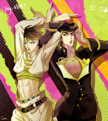  2boys bad_id bad_pixiv_id black_hair canto dated diamond_wa_kudakenai gakuran green_eyes headband higashikata_josuke jojo_no_kimyou_na_bouken kishibe_rohan midriff multiple_boys pointing pompadour school_uniform 