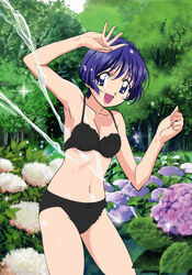  ai_yori_aoshi bra female flower highres hydrangea lingerie maruyama_takashi panties purple_eyes purple_hair sakuraba_aoi short_hair solo underwear underwear_only water wet 