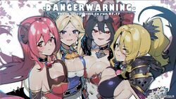  4girls :d bad_id bad_pixiv_id black_gloves black_hair black_horns blonde_hair blush breast_press breasts christina_(princess_connect!) cleavage closed_mouth curled_horns demon_girl demon_horns elbow_gloves english_text gloves grin hair_between_eyes horns illya_(princess_connect!) io_(princess_connect!) long_hair looking_at_viewer multiple_girls open_mouth parted_bangs ponytail princess_connect! purple_eyes red_eyes red_hair smile symmetrical_docking twitter_username vampire wulazula yellow_eyes yukari_(princess_connect!) 