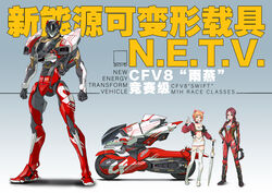  2girls :d blue_eyes bodysuit boots brown_hair commentary_request gradient_background green_eyes long_hair low_ponytail mecha motor_vehicle motorcycle multiple_girls off_shoulder open_mouth orange_hair original photoshop_(medium) race_queen racing_suit red_ace robot short_hair smile teeth thigh_boots thighhighs translation_request umbrella unzipped upper_teeth_only 