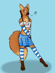  2021 3:4 anthro arm_warmers armwear big_tail biped black_nose blue_arm_warmers blue_armwear blue_background blue_bottomwear blue_clothing blue_legwear blue_skirt blush bottomwear brown_body brown_ears brown_eyes brown_fur brown_mane brown_paws canid canine canis chest_tuft clothed clothing crop_top dark_body dark_fur digital_drawing_(artwork) digital_media_(artwork) dipstick_tail femboy fluffy fluffy_tail fur head_tuft heart_reaction hi_res kawattame legwear light_body light_fur looking_away looking_back male mammal mane maned_wolf markings midriff multicolored_arm_warmers multicolored_armwear multicolored_body multicolored_clothing multicolored_fur multicolored_legwear notched_ear pattern_clothing pink_tongue shirt simple_background skirt solo standing striped_clothing stripes tail tail_markings tail_over_skirt tan_body tan_fur tan_inner_ear text text_on_clothing text_on_shirt text_on_topwear tongue tongue_out topwear tuft two_tone_arm_warmers two_tone_armwear two_tone_clothing two_tone_legwear two_tone_tail white_arm_warmers white_armwear white_clothing white_shirt white_topwear 