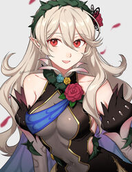  breasts cape cleavage corrin_(female)_(fire_emblem) corrin_(female)_(resplendent)_(fire_emblem) corrin_(fire_emblem) covered_navel detached_sleeves female fire_emblem fire_emblem_fates fire_emblem_heroes flower hairband highres juliet_sleeves long_hair long_sleeves looking_at_viewer official_alternate_costume peach11_01 pointy_ears puffy_sleeves red_eyes rose see-through smile solo thorns white_hair 