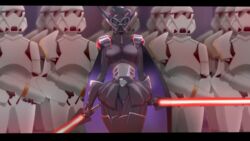  absurdres am_(star_wars) amarenafallen boots breasts cape dual_wielding energy_sword female helmet highres holding holding_lightsaber letterboxed lightsaber medium_breasts pilot_suit purple_cape red_lightsaber science_fiction sith skin_tight solo star_wars star_wars:_visions stormtrooper sword thigh_boots thigh_gap thighhighs thighs tiara walking weapon 