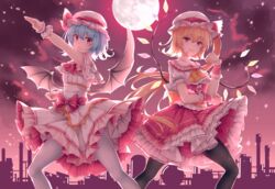  2girls arms_up ascot bat_wings black_legwear blonde_hair blue_hair capelet clenched_hands cloud commentary dress embellished_costume embers feet_out_of_frame flandre_scarlet frilled_ascot frilled_skirt frills full_moon hair_between_eyes hat hat_ribbon henshin_pose kamen_rider kamen_rider_(1st_series) layered_dress looking_at_viewer mechrailgun mob_cap moon multiple_girls night open_mouth outdoors pantyhose parody pink_dress pink_headwear pose puffy_short_sleeves puffy_sleeves red_ascot red_eyes red_skirt red_sky refinery remilia_scarlet ribbon sash short_hair short_sleeves siblings side_ponytail sisters skirt sky smile standing touhou underbust white_headwear white_legwear wings wrist_cuffs yellow_ascot 