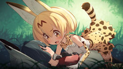  2girls :d all_fours animal_ear_fluff animal_ears animal_print arm_support backlighting bare_shoulders black_eyes black_gloves black_hair blonde_hair blunt_ends blurry blurry_background blush bow bowtie brown_eyes clenched_hands closed_mouth commentary_request couple cowgirl_position depth_of_field elbow_gloves extra_ears eye_contact eyes_visible_through_hair face-to-face feet_out_of_frame from_side full-face_blush gloves grass hair_between_eyes hands_up helmet high-waist_skirt highres kaban_(kemono_friends) kemono_friends looking_at_another lucky_beast_(kemono_friends) lying miniskirt multiple_girls nature no_nose on_back open_mouth outdoors pith_helmet print_bow print_bowtie print_gloves print_skirt print_thighhighs profile red_shirt serval_(kemono_friends) serval_print shirt shirt_tucked_in short_hair short_sleeves skirt sleeveless sleeveless_shirt smile striped_tail sweat tail tail_raised tareme thighhighs traditional_bowtie v-shaped_eyebrows white_headwear white_shirt yamadori_seika yuri zettai_ryouiki 