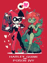  2girls :p ;p absurdres batman_(series) bodysuit character_name colored_skin cork_gun dc_comics domino_mask evil_grin evil_smile florakinesis full_body green_skin grin harley_quinn highres leotard looking_at_viewer mallet mask multiple_girls one_eye_closed plant poison_ivy rariatto_(ganguri) red_background red_hair skin_tight smile standing strapless strapless_leotard tongue tongue_out vines 