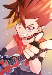  1boy absurdres black_choker black_gloves blonde_hair brown_hair choker collarbone ear_piercing fingerless_gloves flame_print gloves guitar highres holding holding_instrument instrument male_focus mori_sau multicolored_hair oerba_yun_fang omagari_hanabi piercing pointing pointing_at_viewer purple_eyes shinkalion_(series) shinkansen_henkei_robo_shinkalion_z solo spiked_hair streaked_hair v-shaped_eyebrows 