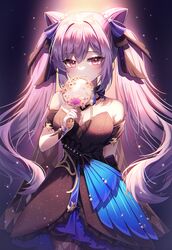  bare_shoulders black_dress breasts cleavage cone_hair_bun double_bun dress female genshin_impact hair_bun half-closed_eyes hayun highres keqing_(genshin_impact) keqing_(opulent_splendor)_(genshin_impact) large_breasts long_hair looking_at_viewer official_alternate_costume purple_eyes purple_hair smile solo twintails very_long_hair 