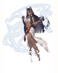  absurdres animal_ear_fluff animal_ears anklet armlet barefoot black_hair blunt_bangs breasts cat_ears circlet cleavage cup dark-skinned_female dark_skin earrings egyptian egyptian_clothes eye_of_horus female full_body hair_ornament hands_up hello_kiki highres holding holding_cup holding_own_hair jewelry large_breasts long_hair long_skirt navel original personification skirt smoke solo standing standing_on_one_leg stomach strapless tiptoes tube_top usekh_collar very_long_hair white_background white_skirt white_tube_top wristlet 