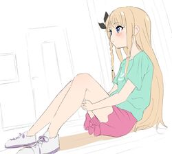  blonde_hair blue_eyes blush braid closed_mouth female from_side full_body green_shirt hugging_own_legs idoly_pride long_hair narumiya_suzu pink_shorts purple_footwear shirt shoes short_shorts short_sleeves shorts side_braid sincos sitting solo 