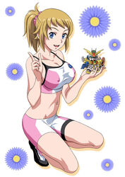  :3 :d ankle_socks bare_legs bare_shoulders bike_shorts black_footwear blue_eyes breasts brown_hair cleavage collarbone commentary_request covered_nipples facing_viewer female floral_background full_body groin gundam gundam_build_fighters gundam_build_fighters_try gunpla highres hoshino_fumina index_finger_raised kneeling large_breasts md5_mismatch midriff model_kit navel no_jacket open_mouth pink_socks ponytail rider_(orange_couture) scrunchie shadow shoes sidelocks simple_background sleeveless smile socks solo sports_bra teeth two-tone_sports_bra upper_teeth_only white_background winning_gundam 