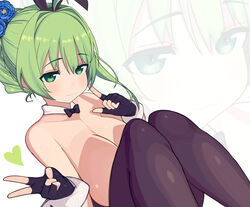  :3 animal_ears bow bowtie breasts detached_collar female fingerless_gloves gloves green_eyes green_hair highres huge_breasts last_origin lindwurm_(last_origin) looking_at_viewer rabbit_ears rabbit_girl rose_neru solo v wrist_cuffs zoom_layer 