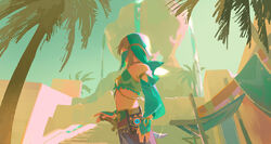  1boy bare_shoulders blonde_hair blue_eyes commentary cowboy_shot crossdressing day detached_sleeves english_commentary from_side gerudo_set_(zelda) highres link male_focus medium_hair midriff mouth_veil official_alternate_costume otoko_no_ko outdoors palm_tree pixiescout pointy_ears sheikah_slate solo sword the_legend_of_zelda the_legend_of_zelda:_breath_of_the_wild tree veil weapon 