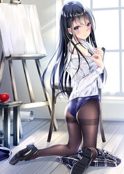  art_room ass bad_id bad_pixiv_id black_hair black_pantyhose blush breasts female hair_ornament highres indoors kneeling kobayashi_chisato loafers long_hair long_sleeves looking_at_viewer one-piece_swimsuit original pantyhose photoshop_(medium) purple_eyes school_swimsuit school_uniform shirt shoes skirt smile solo swimsuit swimsuit_under_clothes thighband_pantyhose undressing unworn_skirt white_shirt 