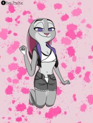  3:4 absurd_res anthro barefoot bottomwear bra clothed clothing digital_media_(artwork) disney feet female fur hi_res jacket judy_hopps kneeling lagomorph leporid looking_at_viewer mammal open_bottomwear open_clothing open_jacket open_shorts open_topwear purple_eyes rabbit risangdrawstuff shorts simple_background smile solo topwear underwear zootopia 