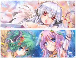  3girls @_@ bad_id bad_pixiv_id beads blue_eyes blush breasts closed_mouth commentary_request cropped cross feathers focalor_(moeru!_jiten) green_hair hair_between_eyes halphas_(moeru!_jiten) hizukiryou horns large_breasts long_hair looking_at_viewer medium_hair moeru!_jiten moeru!_solomon_shichijuu-futa-hashira_no_majin_jiten multiple_girls official_art open_mouth pink_hair pointy_ears red_eyes smile vepar_(moeru!_jiten) white_hair 