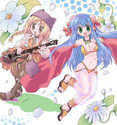  1boy :d bad_id bad_pixiv_id bikini blonde_hair blue_hair boots bow braid braided_ponytail brown_coat brown_eyes brown_footwear brown_pants bun_cover clown_(ragnarok_online) coat commentary_request detached_sleeves deviruchi_hat double_bun female flower full_body green_eyes guitar gypsy_(ragnarok_online) hair_between_eyes hair_bun hairbow hat hizukiryou holding holding_instrument instrument jewelry long_hair looking_at_viewer navel necklace open_mouth pantaloons pants ragnarok_online red_bow red_sleeves sandals see-through shirt sleeveless sleeveless_coat smile strapless strapless_bikini swimsuit white_background white_flower white_pants white_shirt yellow_bikini 