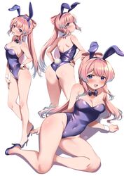  absurdres animal_ears ass bare_legs bare_shoulders blue_eyes blue_hair blush bow bow-shaped_hair bowtie breasts cleavage covered_navel female from_behind full_body genshin_impact hand_on_own_hip high_heels highleg highleg_leotard highres legs leotard looking_at_viewer looking_back multicolored_hair multiple_views open_mouth piano-alice pink_hair playboy_bunny purple_leotard rabbit_ears rabbit_tail sangonomiya_kokomi simple_background strapless strapless_leotard tail thighs two-tone_hair white_background wrist_cuffs 