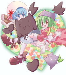  2girls :3 :d bad_id bad_pixiv_id blue_eyes blue_hair blush bow brown_cape brown_dress brown_eyes cape chocolate commentary_request cowlick demon deviruchi deviruchi_hat dress full_body fur-trimmed_cape fur_trim green_hair hair_between_eyes hat heart heart_background high_priest_(ragnarok_online) high_wizard_(ragnarok_online) hizukiryou juliet_sleeves long_sleeves looking_at_viewer multiple_girls open_mouth puffy_sleeves ragnarok_online red_dress sash shoes short_dress short_hair smile thighhighs two-tone_dress white_background white_bow white_dress white_legwear white_sash 