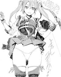  absurdres arrow_(projectile) ass_visible_through_thighs boots clothes_lift female gloves greyscale groin highres kancolle_arcade kantai_collection long_hair looking_at_viewer monochrome muneate mvp panties partially_fingerless_gloves quiver side-tie_panties single_glove skindentation skirt skirt_lift smile solo thigh_boots thighhighs thighs twintails underwear white_background wind wind_lift yoshinaga_yunosuke yugake yumi_(bow) zuikaku_(kancolle) zuikaku_kai_ni_(kancolle) 