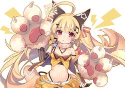  :o ahoge animal_ears animal_hands azur_lane bare_shoulders belt black_panties blonde_hair cat_ears cat_girl cat_tail commentary_request crop_top eldridge_(azur_lane) eldridge_(kitty_idol)_(azur_lane) facial_mark female fur_collar gloves hair_ornament highleg idol lightning_bolt_symbol long_hair looking_at_viewer midriff miniskirt musical_note musical_note_hair_ornament navel off_shoulder official_alternate_costume orange_skirt panties parted_lips paw_gloves pleated_skirt red_eyes shirokitsune simple_background skirt sleeveless sleeveless_jacket solo tail thong underwear upper_body very_long_hair white_background 