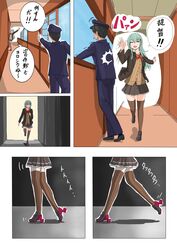  1boy absurdres admiral_(kancolle) black_hair blazer cardigan commentary_request female green_hair hair_ornament hairclip hat highres jacket jouzaburou_(joe3) kantai_collection long_hair outline patting_back ribbon running skirt suzuya_(kancolle) suzuya_kai_ni_(kancolle) thighhighs translation_request white_outline 