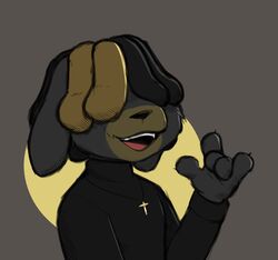  2020 5_fingers anthro black_body black_fur canid canine canis clothed clothing domestic_dog dreadlocks fingers fur german_(altpuppy) hi_res looking_at_viewer male mammal obscured_eyes religious_symbol simple_background smile solo wabington 