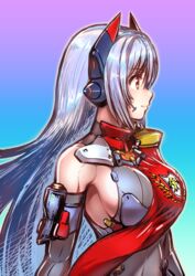  android bad_id bad_pixiv_id breasts elbow_gloves female fukadumeasadume gloves gradient_background highres large_breasts long_hair looking_to_the_side orange_eyes poppi_(xenoblade) poppi_qtpi_(xenoblade) purple_hair robot science_fiction smile xenoblade_chronicles_(series) xenoblade_chronicles_2 